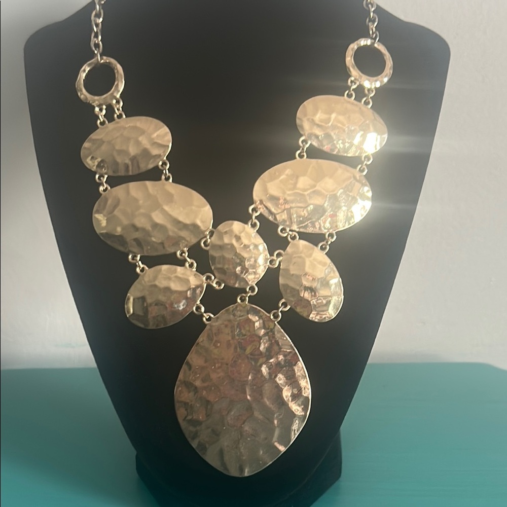 Bold Polished Gold Tone Hammered Disc Statement Bib Necklace